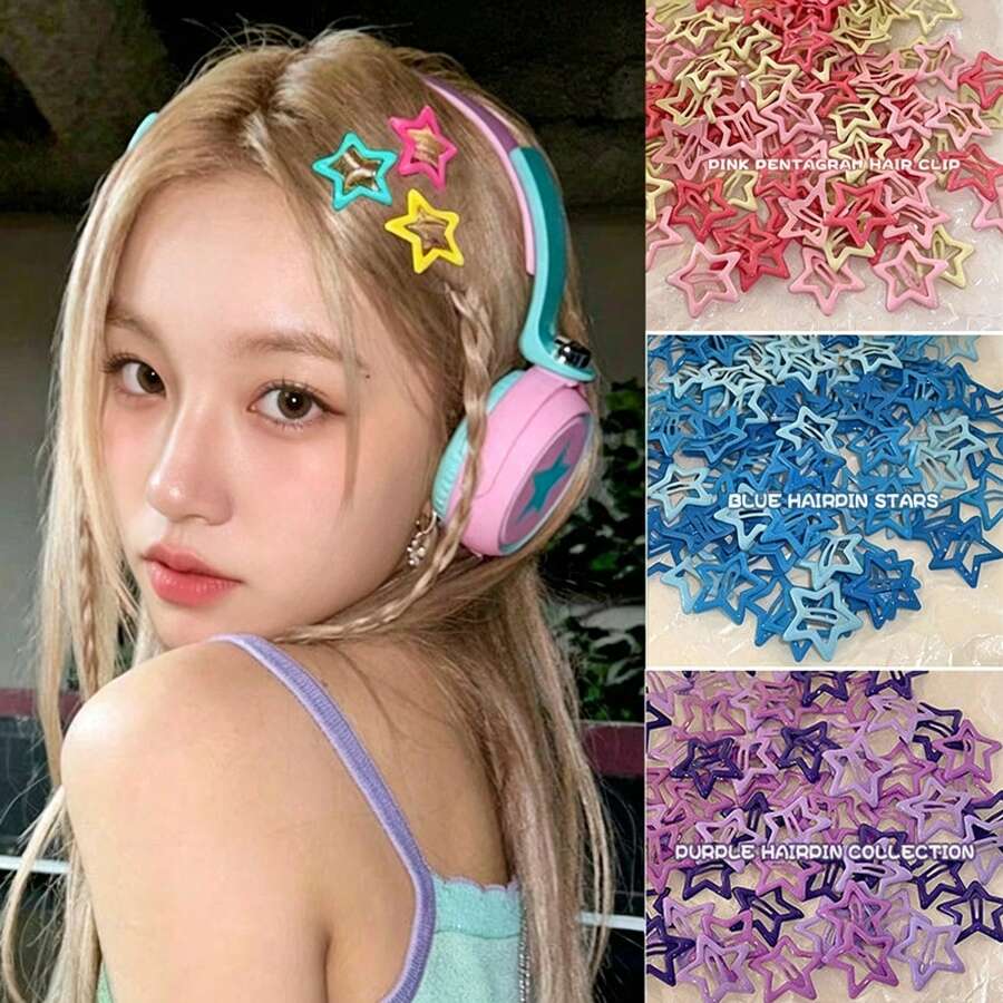 50/100pcs Cute Hollow Star Hair Clips, Colorful Dopamine Style, Sweet Y2K Aesthetic Hair Accessories, Fashion Hair Clips, Assorted Colors - Multicolor - View 1