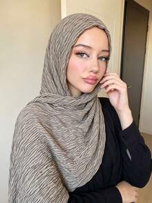 1件時尚毛線斑馬紋女款長款百褶圍巾，透氣戶外頭巾披肩，服飾配件，生日禮物，日常穿搭 - 米麻灰 - 查看 3
