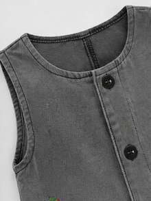 1 buah Overall Denim Bordir Stroberi untuk Anak Perempuan, Tanpa Lengan, Kancing Depan, Kasual, Longgar, Potongan Lurus - Grey - View 4