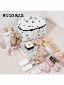 Black Bow Print Quilted Makeup Bag Set, Multi‑Size Zipper Cosmetic Pouch, Portable Travel Toiletry Storage Organizer Bags For Women Daily Use - Multicolor - View 5