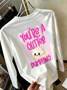 Girls Cute Cartoon Dumpling Pattern Long Sleeve T-Shirt, You're A Glitter Dumpling Letter Print Round Neck Loose Casual Daily Soft Top - White - View 9