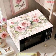 1pc/2D Microwave Dust Cover, Pink And White Plaid Background With Watercolor Pink Rose And Floral Leaf Print, Dust-Proof And Decorative, Beautifies Kitchen Countertop, Suitable For Microwave And Other Home Appliances, Polyester Material - Multicolor - View 7