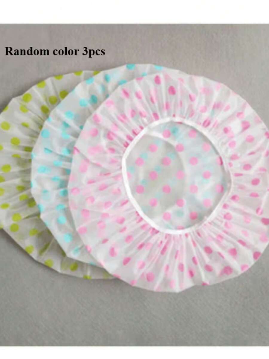 Polka Dot Disposable Shower Caps, Elastic Waterproof Bath Caps, Random Color 3pcs/Pack, Anti-Moisture Anti-Dust Hair Protection Caps, Suitable For Bathroom Shower, Hotel, B&B, Business Trip, Travel, Kitchen Oil Smoke Protection, Home Hair Care Multi-Scenario Protection Caps - One Size - View 1