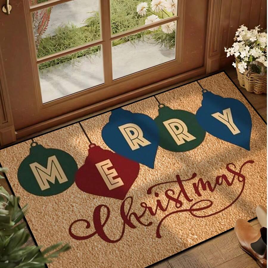 1pc Funny Three-Color Christmas Letter Pattern Welcome Doormat, Harvest Season Pattern Minimalist Style Short Plush Quick-Dry Non-Slip Machine Washable Entry Mat, Suitable For Kitchen, Bathroom, Dining Room, Hallway, Party, Holiday, All Seasons, Patio Home, Christmas Theme, Party Supplies - Burnt Orange - View 1