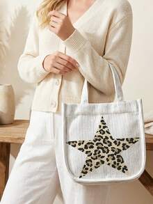 1pc Leopard‑Print Lip Print Corduroy Tote Bag, Snap Button Closure Cute Handbag, Reusable Lunch Tote Bag For Student School Daily Outdoor Shopping Use - Multicolor - View 5