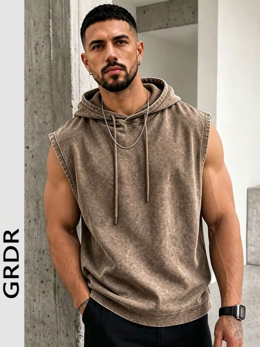 GRDR Summer Men's Vintage Minimalist Solid Color Washed Distressed Hooded Tank Top, Street Casual Fashion Loose Fit Versatile