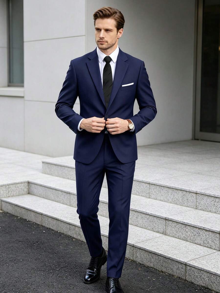 WindsorQuad Men's 2-Piece Solid Color Suit Set, Elegant Single-Breasted Slim Fit Wedding Suit Jacket And Pants, Party Ball Formal Business Dress Suit - Navy Blue - View 1
