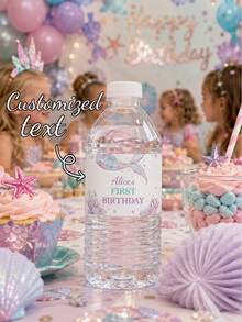 客製化美人魚主題水瓶標籤，個性化姓名生日水瓶貼紙，適用於兒童生日、嬰兒洗禮和幼兒派對「水下世界」主題裝飾貼紙，女嬰客製化派對小禮物，兒童聖誕禮物 - 彩色 - 查看 1