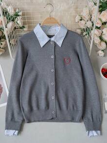 Women's 2-In-1 Striped Shirt & Knit Cardigan With Collar, Small Heart Embroidery, Slimming Thin Long Sleeve Jacket, Commuter Preppy Style - Grey - View 7