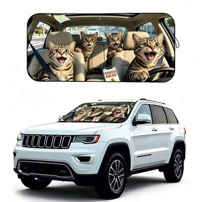 1 pieza Parasol para coche con diseño de gato de 150cm x 70cm, hecho de fibra de poliéster, material duradero 190T que bloquea los rayos UV y protege contra el calor, accesorio interior adecuado para varios modelos de coche en el parabrisas delantero, con función de aislamiento térmico y protección de privacidad, mantiene tu coche fresco, plegable para un almacenamiento fácil
