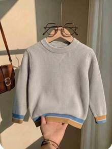 Boys' Preppy Colorblock Striped Crew Neck Knit Pullover Sweater, Suitable For School Daily Wear In Spring, Autumn And Winter - Grey - View 1