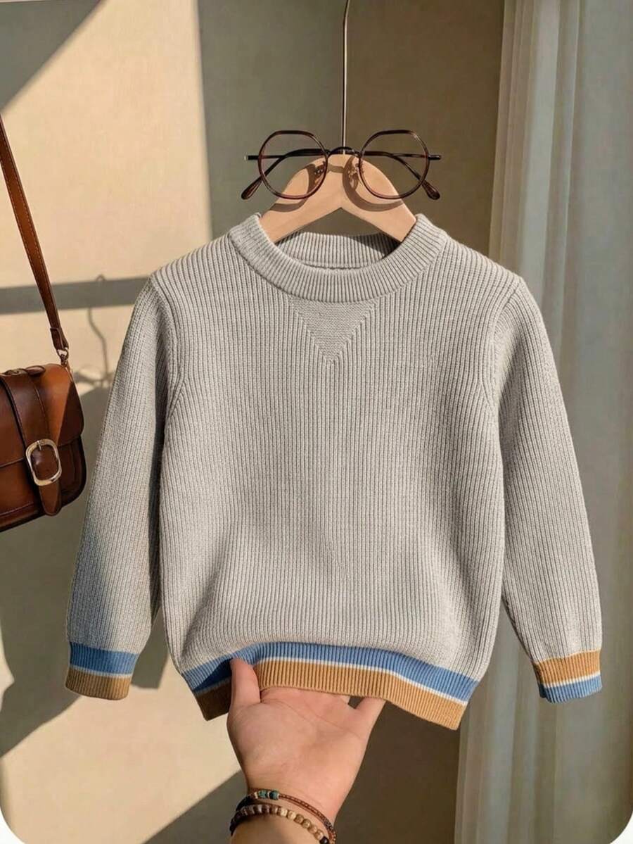 Boys' Preppy Colorblock Striped Crew Neck Knit Pullover Sweater, Suitable For School Daily Wear In Spring, Autumn And Winter - Grey - View 1