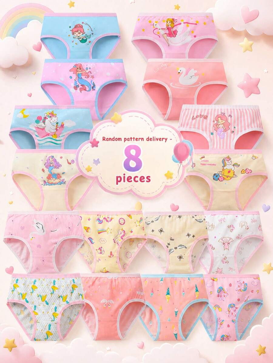 Pola Acak - 8 Buah Set Pakaian Dalam Anak Perempuan Motif Kartun Lucu, Motif Unicorn & Angsa Warna-warni, Nyaman untuk Sehari-hari, Paket Multipel Celana Dalam untuk Anak-Anak - MultiWarna - View 1