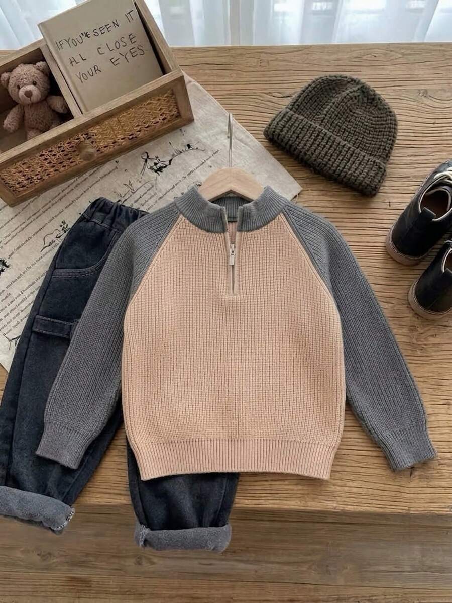 Boys' Academy Style Solid Color Contrast Half-Zip Stand Collar Pullover Sweater, Suitable For School Daily Wear In Spring, Autumn And Winter - Apricot - View 1