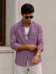 Men's Slim-Fit Striped Casual Long-Sleeve Button-Up Shirt - Soft Textured Cotton-Linen Blend Breathable Shirt For Modern Smart-Casual & Everyday Wear - Purple - View 3