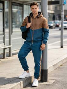 Men's Colorblock Zip-Up Hoodie & Drawstring Joggers 2-Piece Set, Long Sleeve Hooded Jacket And Sweatpants, Suitable For Daily Fitness And Streetwear - Multicolor - View 6