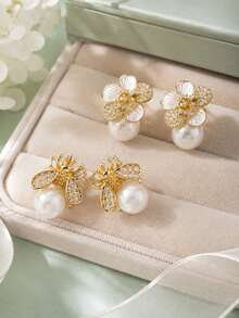 18K Gold Plated Bee & Flower Pearl Stud Earrings, Double-Sided CZ/Enamel Inlaid, Delicate Hypoallergenic Jewelry For Women - Gold - View 1