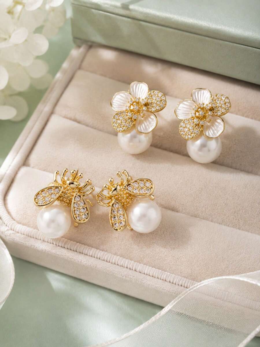 18K Gold Plated Bee & Flower Pearl Stud Earrings, Double-Sided CZ/Enamel Inlaid, Delicate Hypoallergenic Jewelry For Women - Gold - View 1