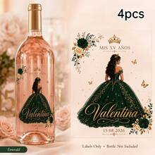 2/4/8pcs Customized Wine Bottle Label Stickers, Personalized Name & Date, Princess Dress Floral Butterfly Pattern, Sweet 15 15th Birthday Party Favor Table Decor - Multicolor - View 25