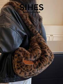 1pc Leopard Print Plush New Women's Bag, Shoulder Bag, Crossbody Bag, Fashion Leopard Print Plush Bag, Suitable For Commuting, Shopping, Dating - Coffee - View 2