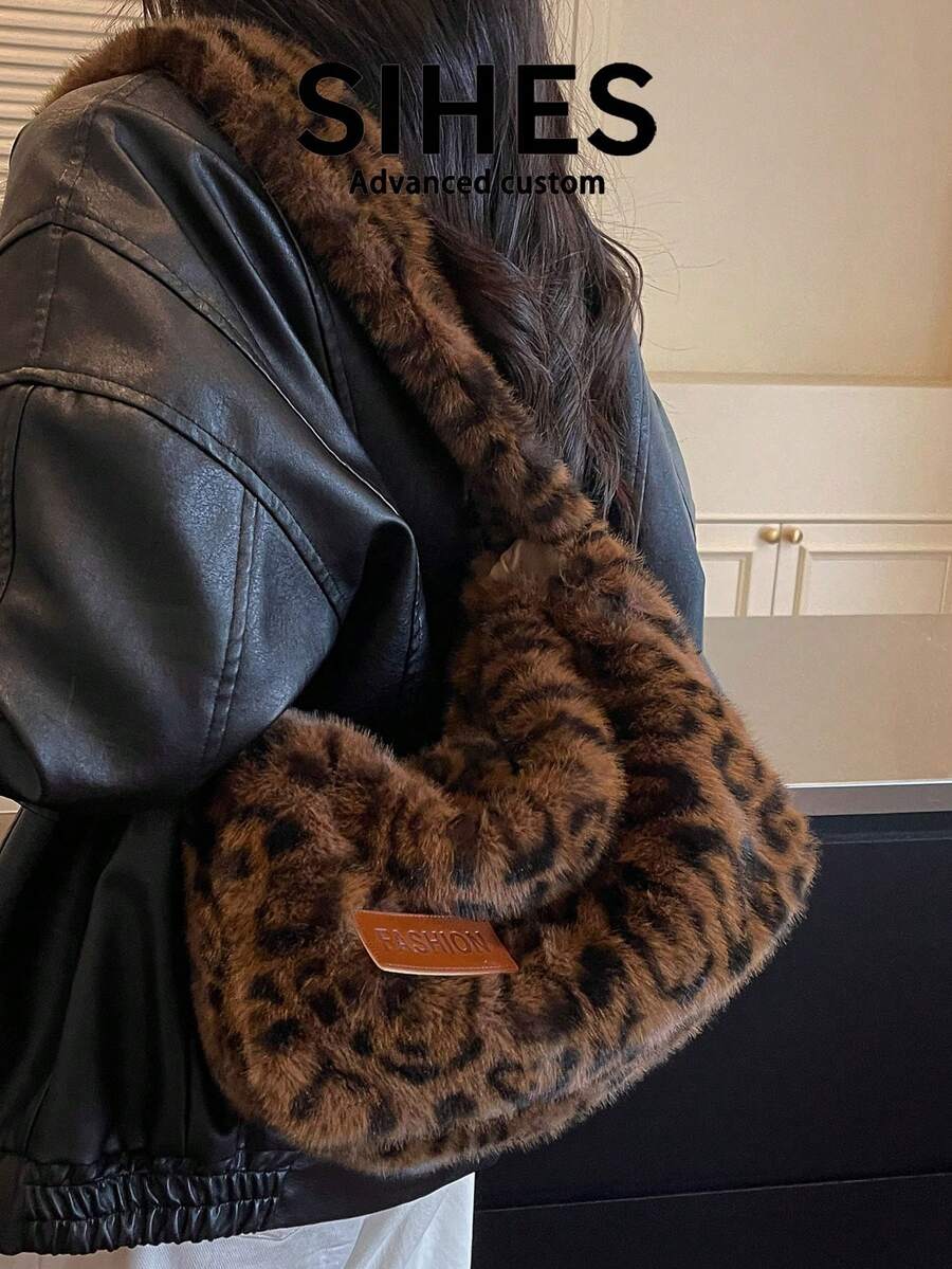 1pc Leopard Print Plush New Women's Bag, Shoulder Bag, Crossbody Bag, Fashion Leopard Print Plush Bag, Suitable For Commuting, Shopping, Dating