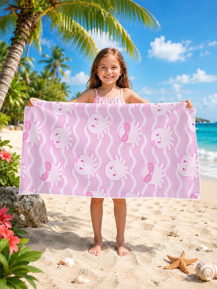 1pc Cartoon Pink Octopus Wave Pattern Children's Beach Towel, Super Soft Microfiber Extra Large Beach Blanket, Super Absorbent Bath Towel, Suitable For Travel, Swimming Pool, Diving, Surfing, Yoga, Camping, Available In Multiple Sizes, Beach Accessories - Multicolor - View 1