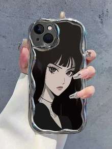 Wavy Edge Anime Girl Phone Case For IPhone 16/15/14 Pro Max/13/12 Soft Full Coverage - Black - View 1