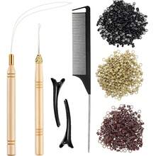 Hair Extension Kit With Pulling Hook Needle, Sewing Bead Device Tool, 300pcs Silicone Lined Micro Rings, Hair Clips, And Comb For Tinsel And Feather Hair Extensions Or Removal (Black, Beige, And Brown Beads) - View 10