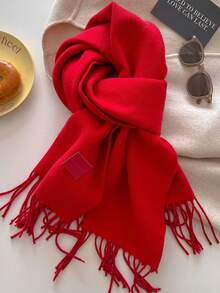 1pc Solid Color Faux Leather Label Tasseled Thick Scarf 65*190cm, Polyester Wool Blend, Fall Winter Shawl For Travel Party Outing, Wear As Scarf Shawl - Multicolor - View 3