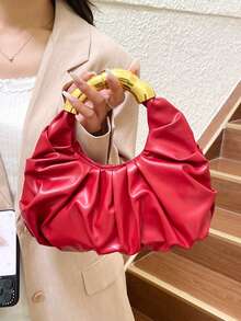 Women's Ruched Texture Vintage Gold Ring Handle Open Top Handbag, Lightweight Luxury Relaxed Style Niche Small Tote Bag For Dating And Outings, High-End Asymmetrical Handheld Bag - Red - View 5