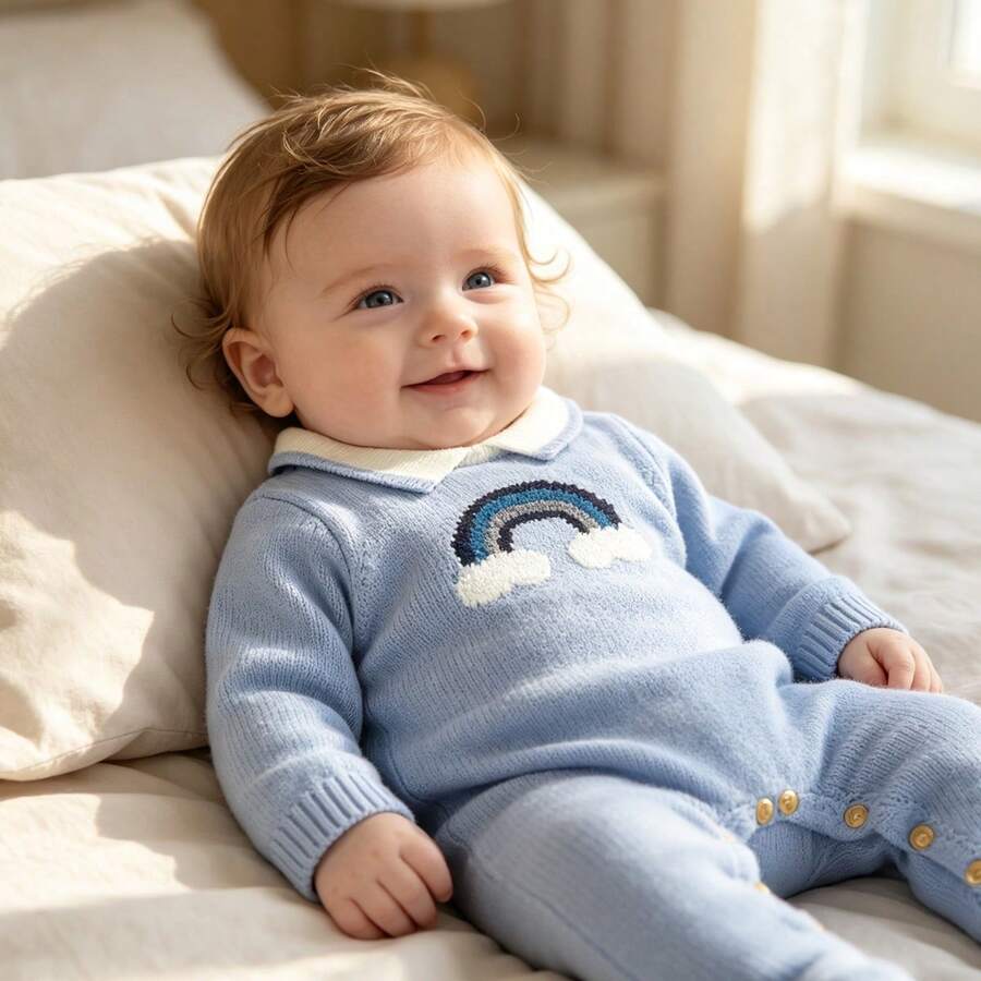 Sky Blue Newborn Sweater, Fashionable Rainbow Jacquard Collar Jumpsuit For Little Gentleman - Blue - View 1