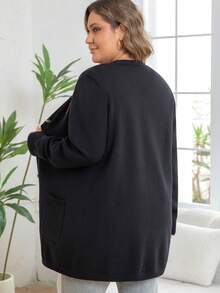 Plus Size Women's Casual Knit Cardigan With Pockets, Heart Pattern And Single-Breasted Buttons - Black - View 2