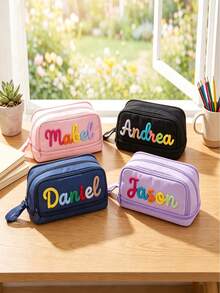 1pc Personalized Customized Name Pencil Case, Embroidered Large Capacity Pen Bag, Multi-Compartment Stationery Organizer, Suitable For School, University And Office, Thoughtful Christmas Gift, Women's Wedding Favor - Multicolor - View 4