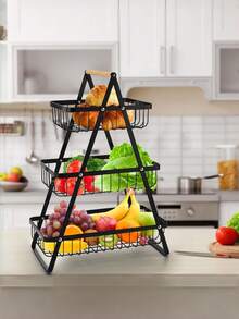 1pc Modern Metal Hanging Fruit & Vegetable Basket With Wooden Handle, Kitchen Spice Rack, Suitable For Kitchen Organization And Storage, Dining Room Fruit, Vegetable, Bread, Snack Storage, Living Room/Bedroom Iron Art Table Fruit & Snack Storage Rack, Perfect For Valentine's Day, New Year, Father's Day, Mother's Day, Halloween, Christmas, Back To School - Multicolor - View 8