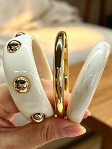 (Color Difference May Occur) 5/3/1pcs Simple Fashion Exaggerated Wide Rivet Round Geometric Asymmetrical Bracelet Set For Women, Sisters, Vacation, Date, Gift, Daily Casual, Party, Wedding - Multicolor - View 2