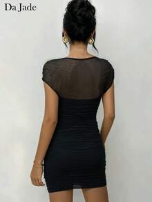 Women French Boat Neck Cap Sleeve Mesh Splice All‑Over Ruched Bodycon Mini Dress Night Out Party Club Gathering Brunch Chic Glam Eye‑Catching - Black - View 4