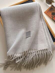 1pc Solid Color Faux Leather Label Tasseled Thick Scarf 65*190cm, Polyester Wool Blend, Fall Winter Shawl For Travel Party Outing, Wear As Scarf Shawl - Multicolor - View 25