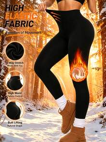 1pc Thermal Lined Slim Fit Thermal Leggings For Women, Warm Thick Thermal Lined Pants For Autumn/Winter, Elastic Fabric Base Layer Leggings, Comfortable Yoga Pants, High Waist Thermal Lined Tights, Winter Pants, Suitable For Layering Or Daily Wear - Black - View 5