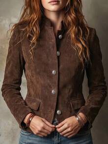 Women's Solid Color Casual Versatile Daily Long Sleeve Jacket - Brown - View 6