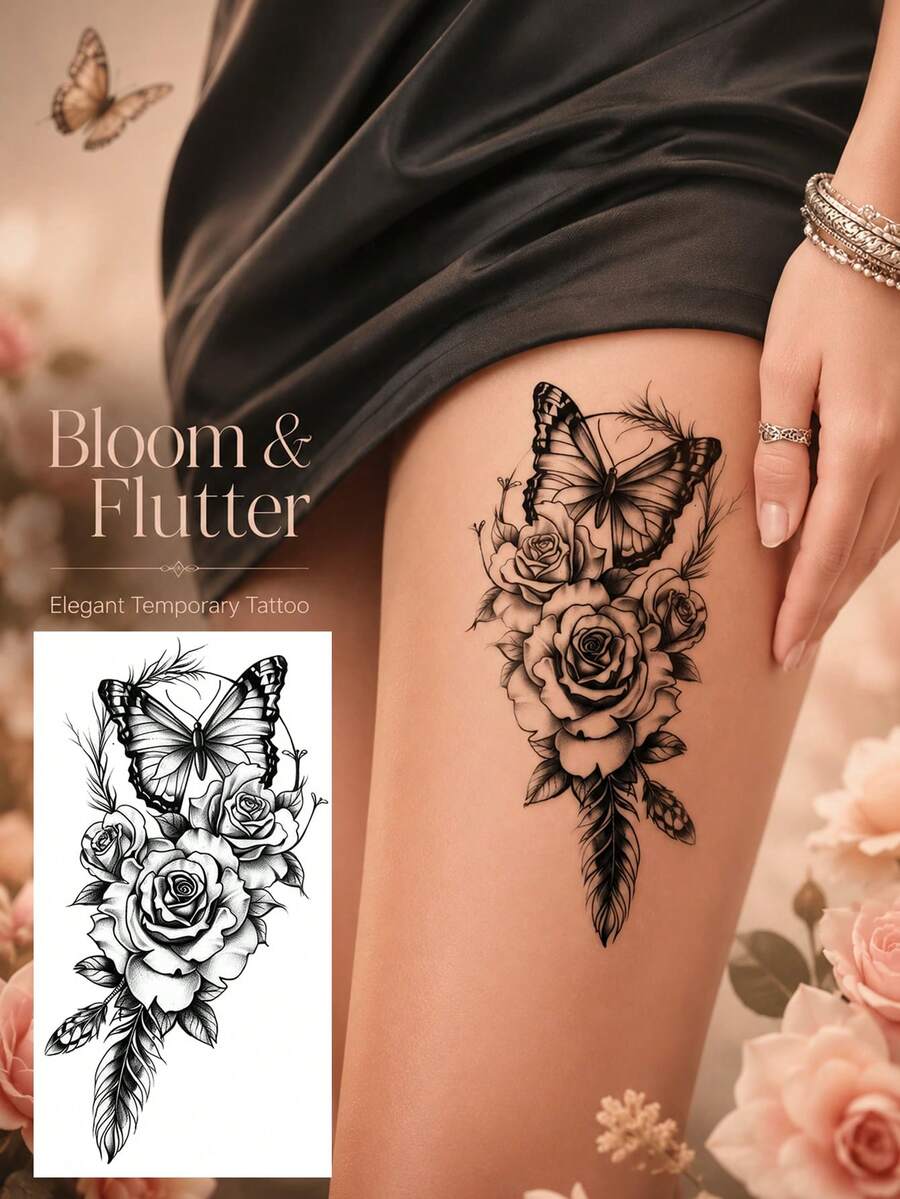 Floral Butterfly Temporary Tattoo For Women, Black Rose & Butterfly Tattoo Sticker, Waterproof Elegant Body Art For Back, Shoulder, Thigh, Parties, Festivals, Vacations & Everyday Style - Multicolor - View 1