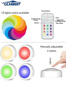 GLANBERT 4/2PCS Car Color Decorative Light RGB Remote Control Foot Light High Brightness Multi-Mode Ambient Light, 13 Colors Interior Car Led Puck Lights, Inside Night Lamp For Vehicle Home Decoration, Touch Ambient Led Lights Foot Ligh(Battery Not Included) - Multicolor - View 7