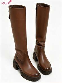 Botas Largas De Mujer Con Tacón Grueso Y Suela Dentada, Botas Altas De Piel Sintética Estilo Casual A La Moda Con Cierre Lateral,Botines casuales de mujer cowgirl botas de piso para mujer - Café integral - Ver 10