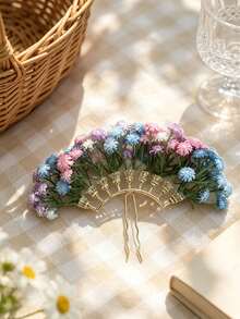 1pc Floral & Star Decorated Hair Clip, Romantic Bohemian Style Curved Design Hair Accessory, Suitable For Wedding, Photography, Daily Wear, Spring - Multicolor - View 3