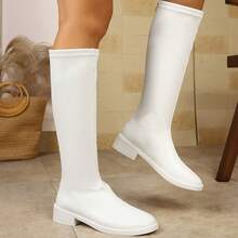 Women's Pointed Toe Low Heel Elastic Tall Boots, Slimming Minimalist Korean Style Versatile Long Boots For Autumn/Winter - White - View 5