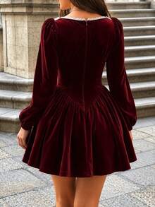 Dirp Noir Women's Autumn Sweet Puff Sleeve Lace Trim Patchwork Velvet Short Dress, Suitable For Halloween, Christmas, Back To School, Dating - Burgundy - View 10