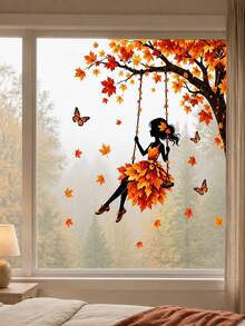 1pc Autumn Leaf Dancer Swing Silhouette Window Sticker, Glue-Free PVC Static Cling, Creative Aesthetic Maple Leaf Butterfly Fairy Glass Decal, Autumn Atmosphere Art Window Sticker Decoration, Suitable For Windows, Living Room, Bedroom, Balcony, Study, Autumn Home Decor - Multicolor - View 8
