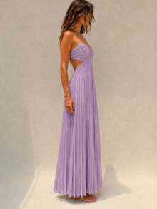 Women's Light Purple Pleated Spaghetti Strap Dress, Ruched Bust Open Back Flowy Summer Dress Elegant - Mauve Purple - View 5