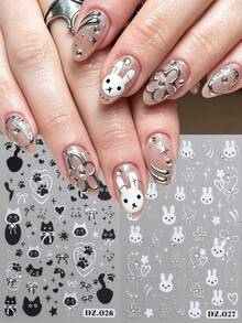 Cute Graffiti Rabbit & Cat 5D Nail Art Stickers Cartoon Animal Flower Heart Cat's Paw Patterns Self-Adhesive Slider Decals, Glossy PET Material,Professional Nail Decorations For Women,Single Use For Animal Theme Stickers - Multicolor - View 1