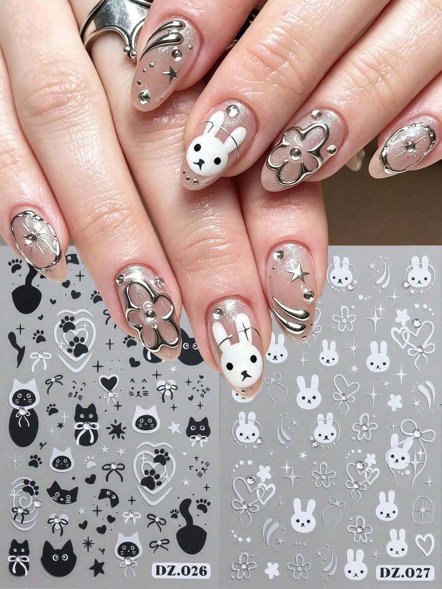 Cute Graffiti Rabbit & Cat 5D Nail Art Stickers Cartoon Animal Flower Heart Cat's Paw Patterns Self-Adhesive Slider Decals, Glossy PET Material,Professional Nail Decorations For Women,Single Use For Animal Theme Stickers - Multicolor - View 1