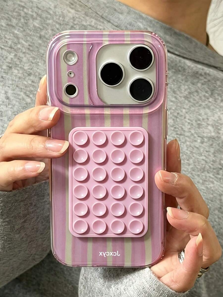Fashion Dopamine Color-Block Striped Suction Cup Phone Case, Compatible With IPhone 17 Pro Max 17 Pro 16 14 13 15 Pro Max 14 15 16 Plus 14 15 13 12 11 16 17, Creative Candy Color Protective Cover - Pink - View 1